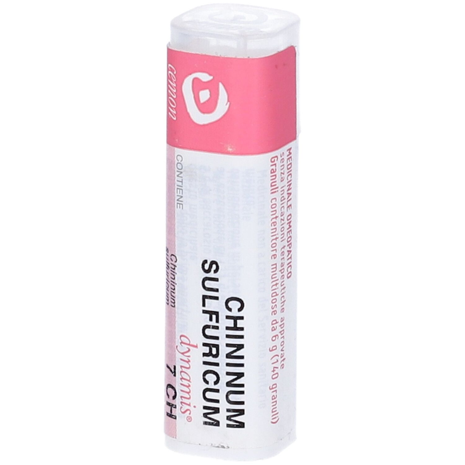 Flacone cilindrico bianco con etichetta rosa. Scritte: Chininum Sulfuricum 7 CH, dynamis. Nome del prodotto visibile.