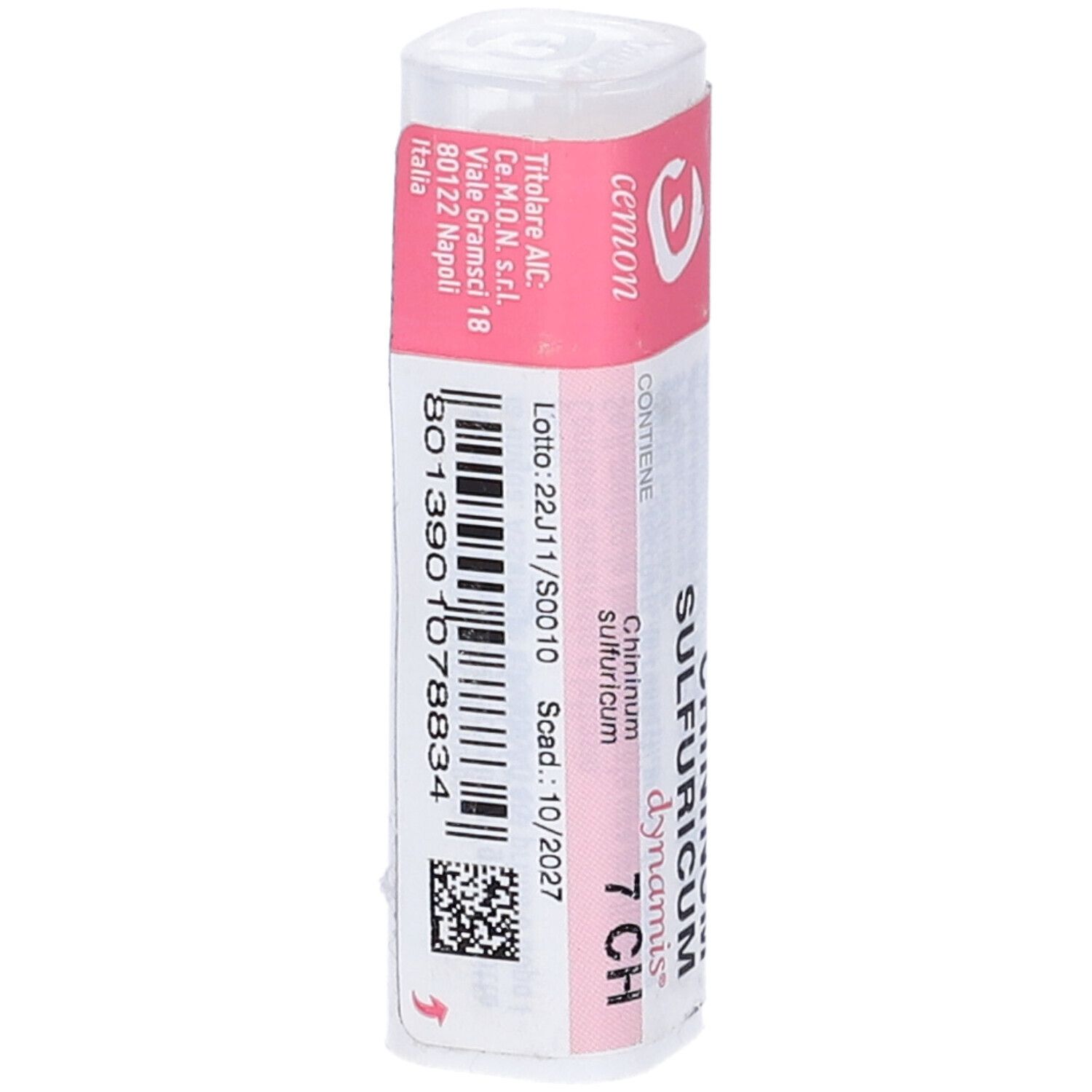Flacone cilindrico bianco con etichetta rosa. Scritte: Chininum Sulfuricum 7 CH, dynamis. Dettagli e codice a barre.