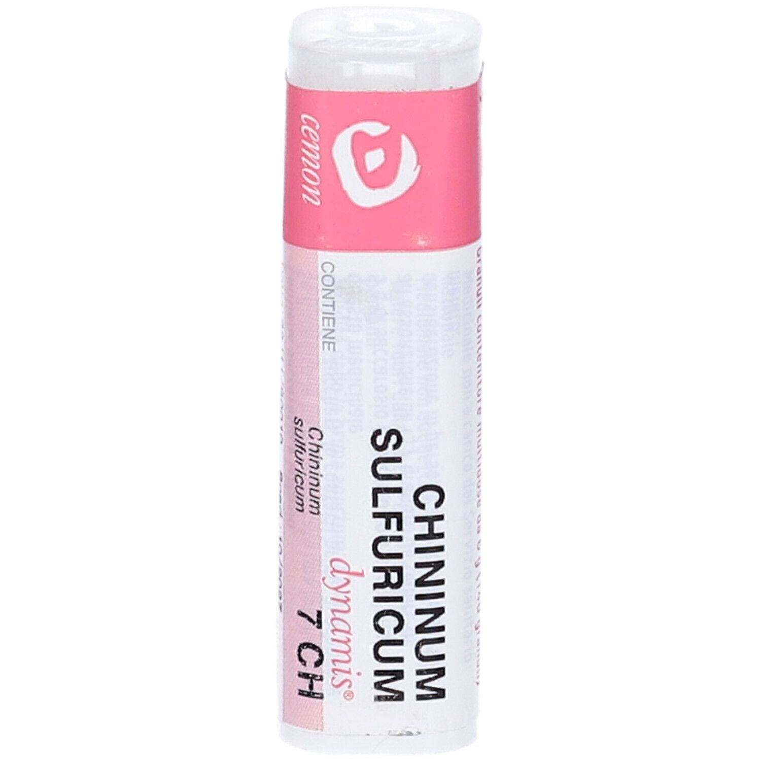 Flacone cilindrico bianco con etichetta rosa. Scritte: Chininum Sulfuricum 7 CH, dynamis. Nome del prodotto visibile.