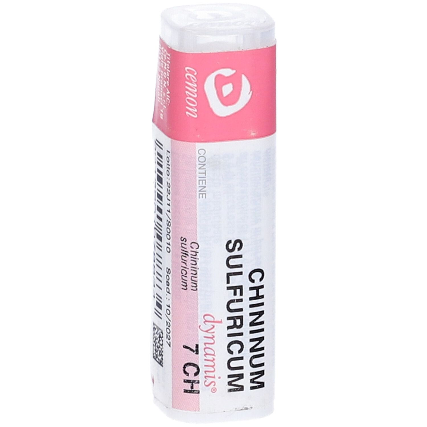 Flacone cilindrico bianco con etichetta rosa. Scritte: Chininum Sulfuricum 7 CH, dynamis. Dettagli e codice a barre.