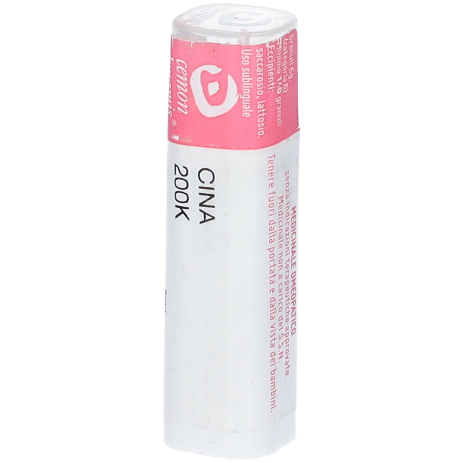 Confezione cilindrica bianca con etichetta rosa. Scritta: CINA 200K. cemon.