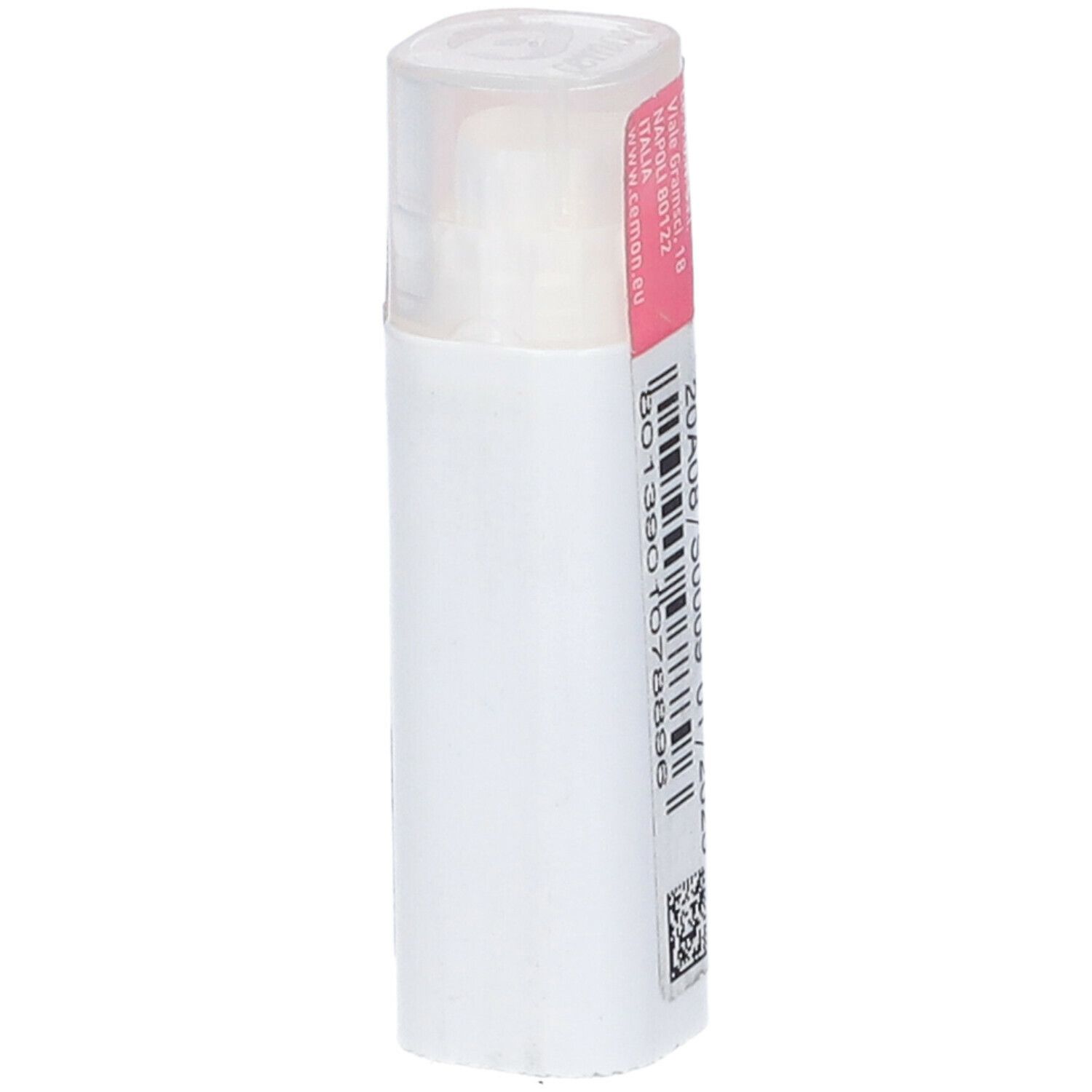 Confezione cilindrica bianca con etichetta rosa. Scritta: cemon. Codice a barre e numero di lotto.