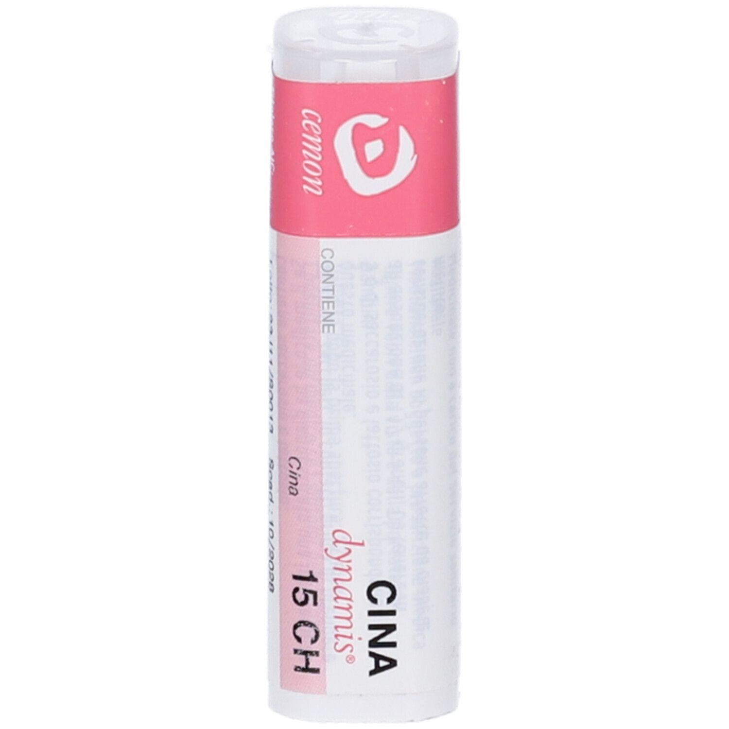 Flacone bianco con etichetta rosa. L'etichetta indica "Cina 15 CH" e "Cemon dynamis".