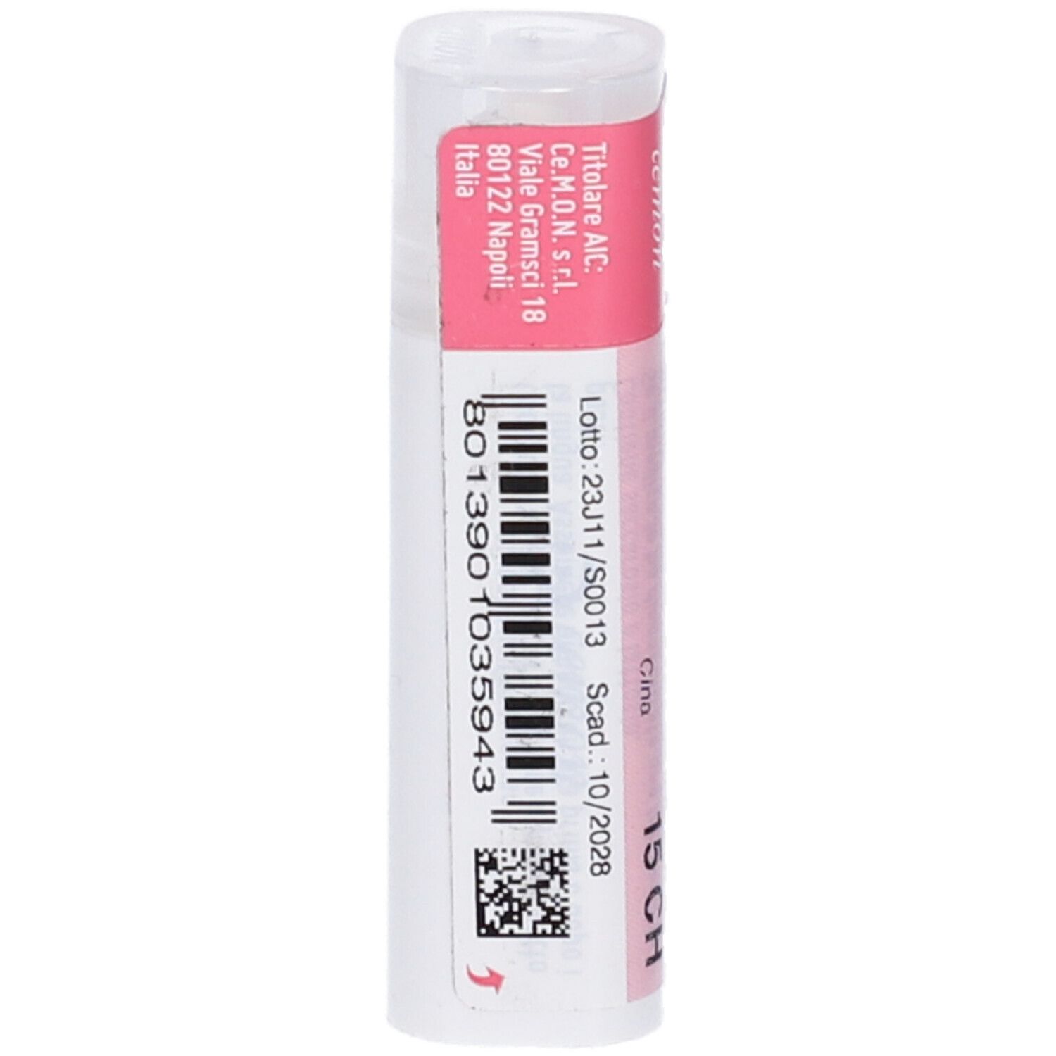 Flacone bianco con etichetta rosa. L'etichetta indica "Cina 15 CH", numero di lotto e data di scadenza.