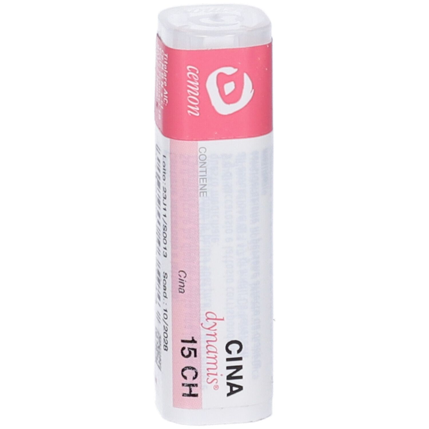 Flacone bianco con etichetta rosa. L'etichetta indica "Cina 15 CH" e "Cemon dynamis".