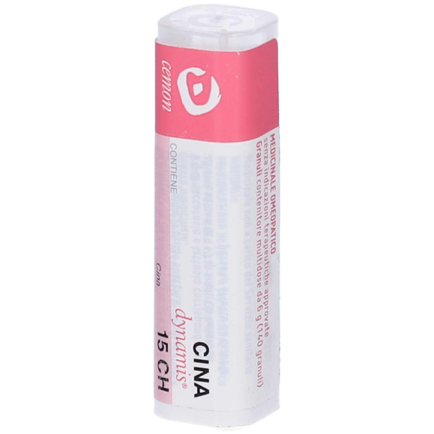 Flacone bianco con etichetta rosa. L'etichetta indica "Cina 15 CH" e "Cemon dynamis".