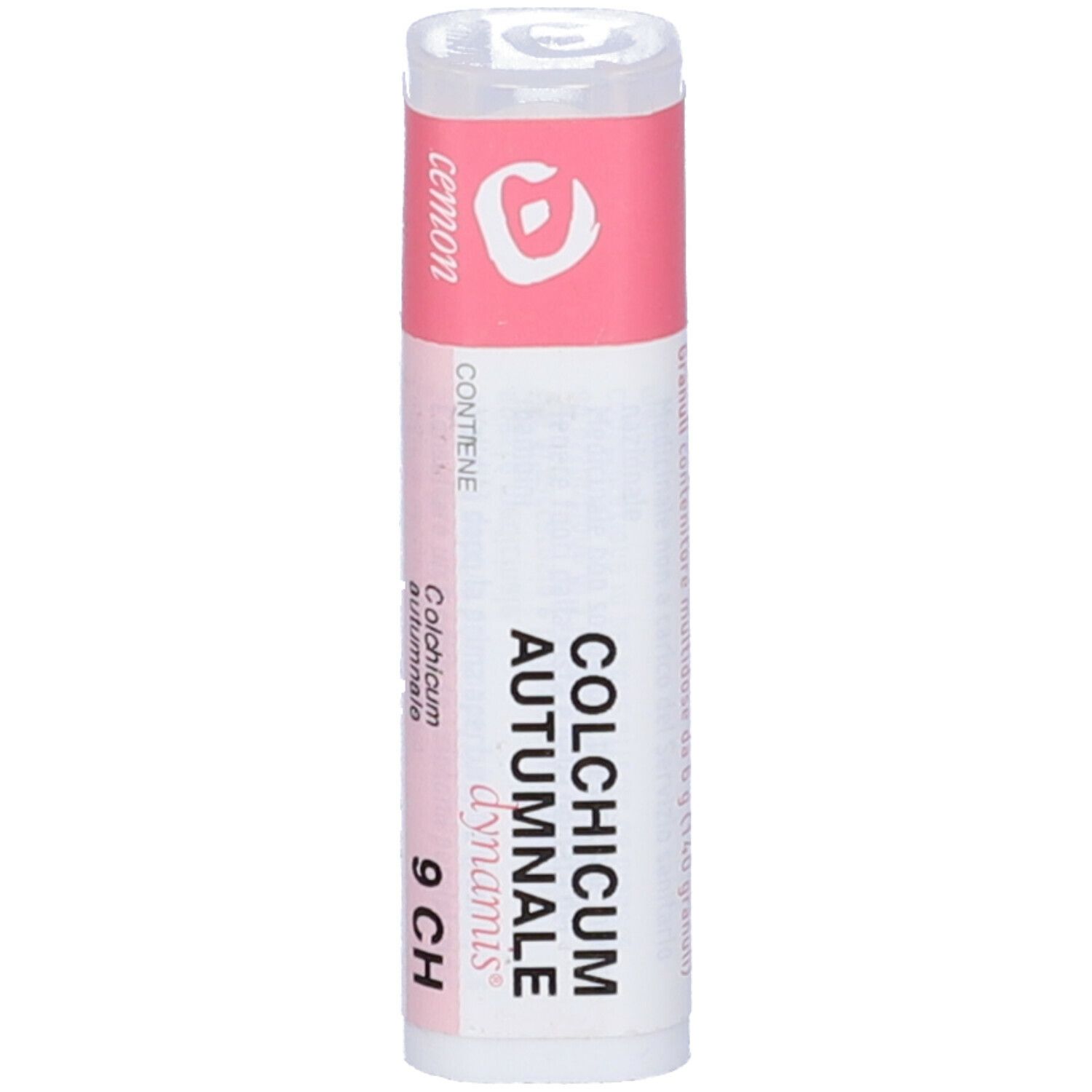 Confezione cilindrica con etichetta rosa e bianca. Scritta: Colchicum autumnale 9 CH.