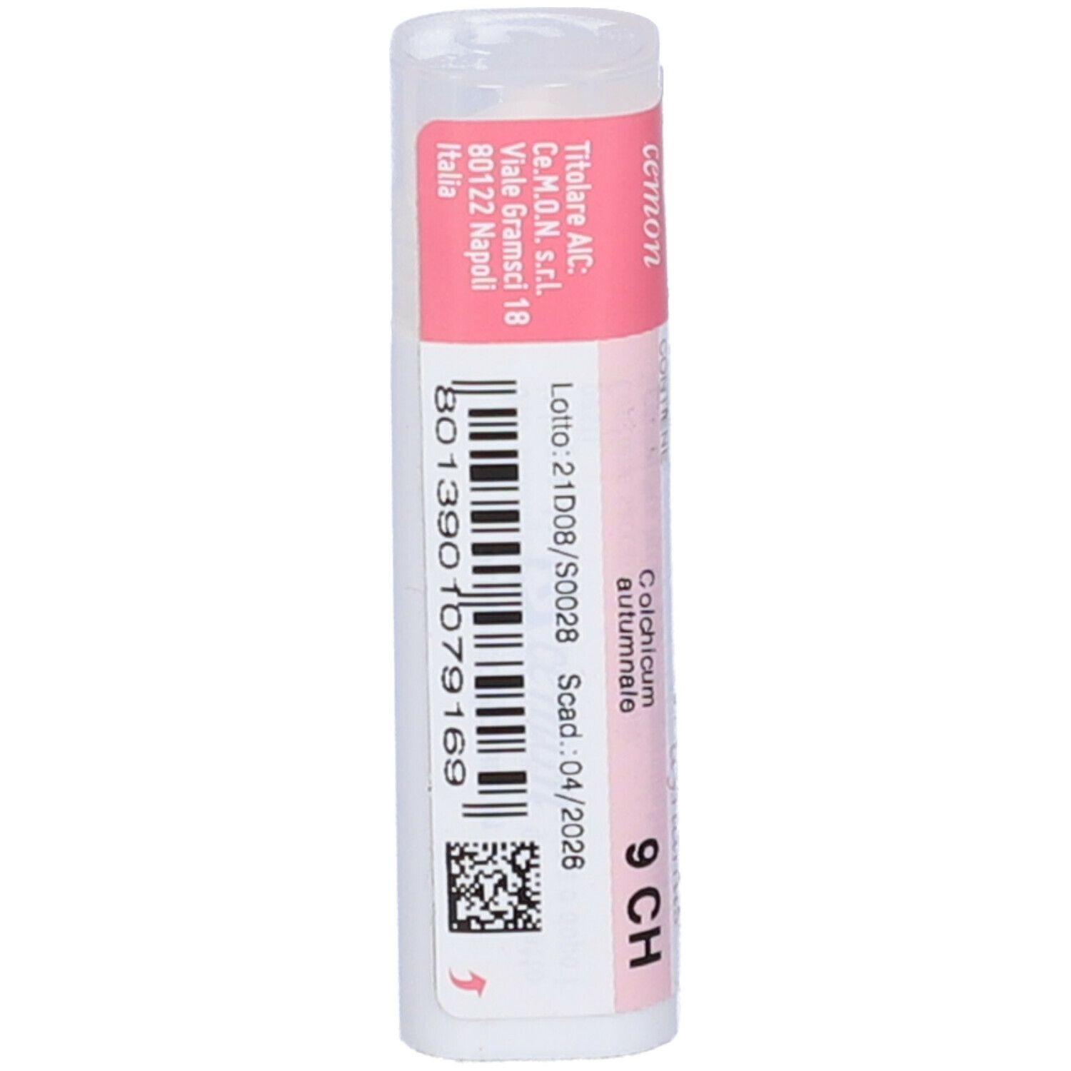 Confezione cilindrica con etichetta rosa e bianca. Codice a barre e testo: Colchicum autumnale 9 CH.
