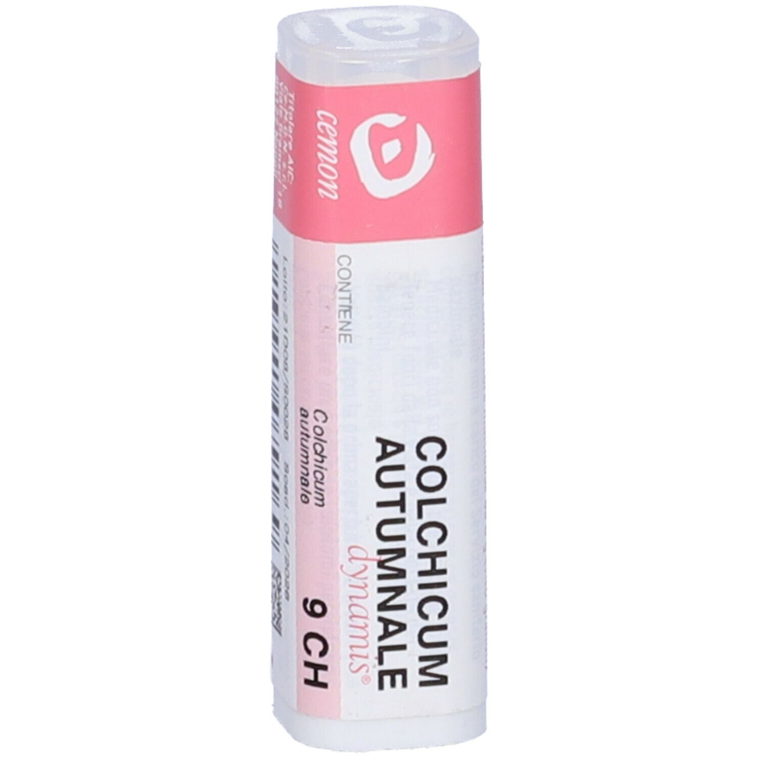 Confezione cilindrica con etichetta rosa e bianca. Scritta: Colchicum autumnale 9 CH.