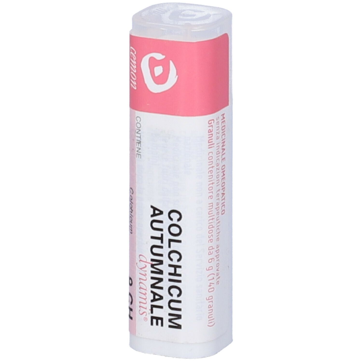 Confezione cilindrica con etichetta rosa e bianca. Testo: Colchicum autumnale 9 CH.