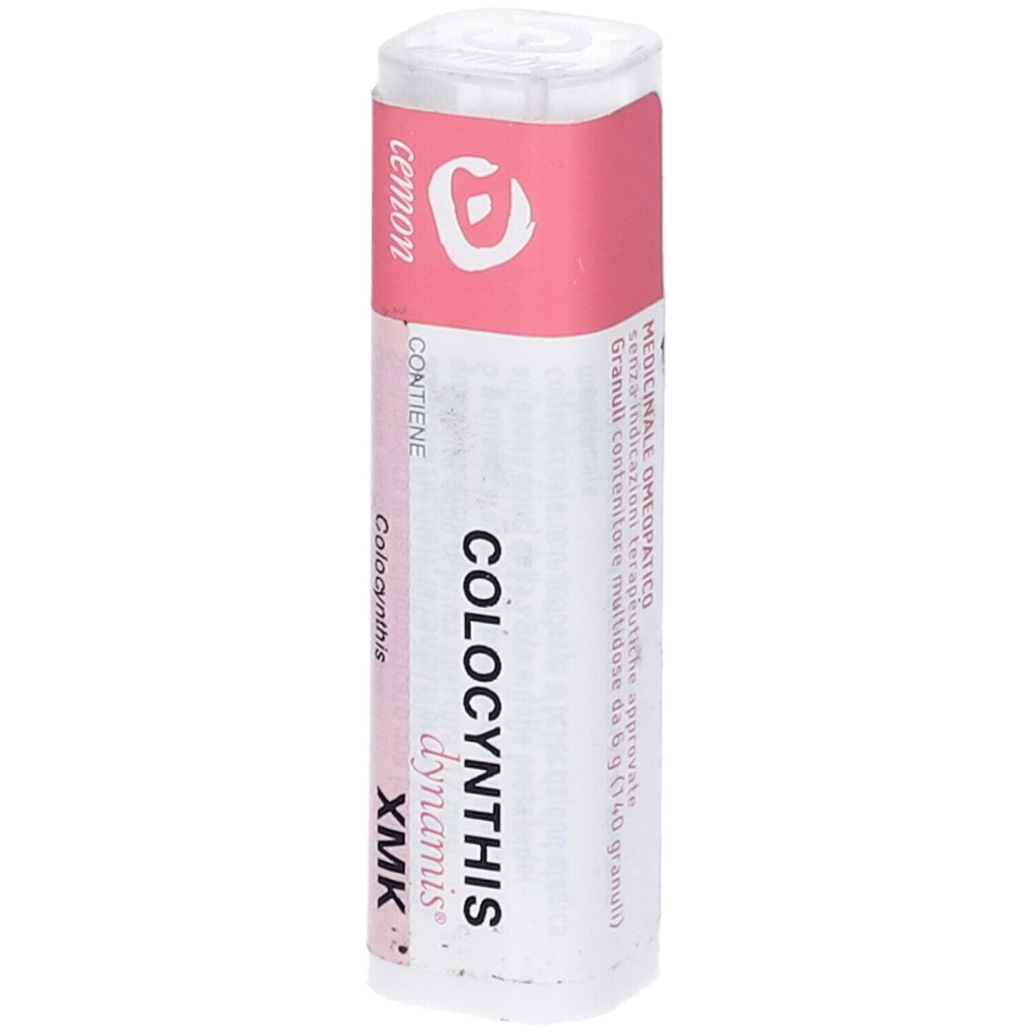 Confezione cilindrica con etichetta rosa. Scritte: COLOCYNTHIS dynamis XMK. Coperchio bianco.