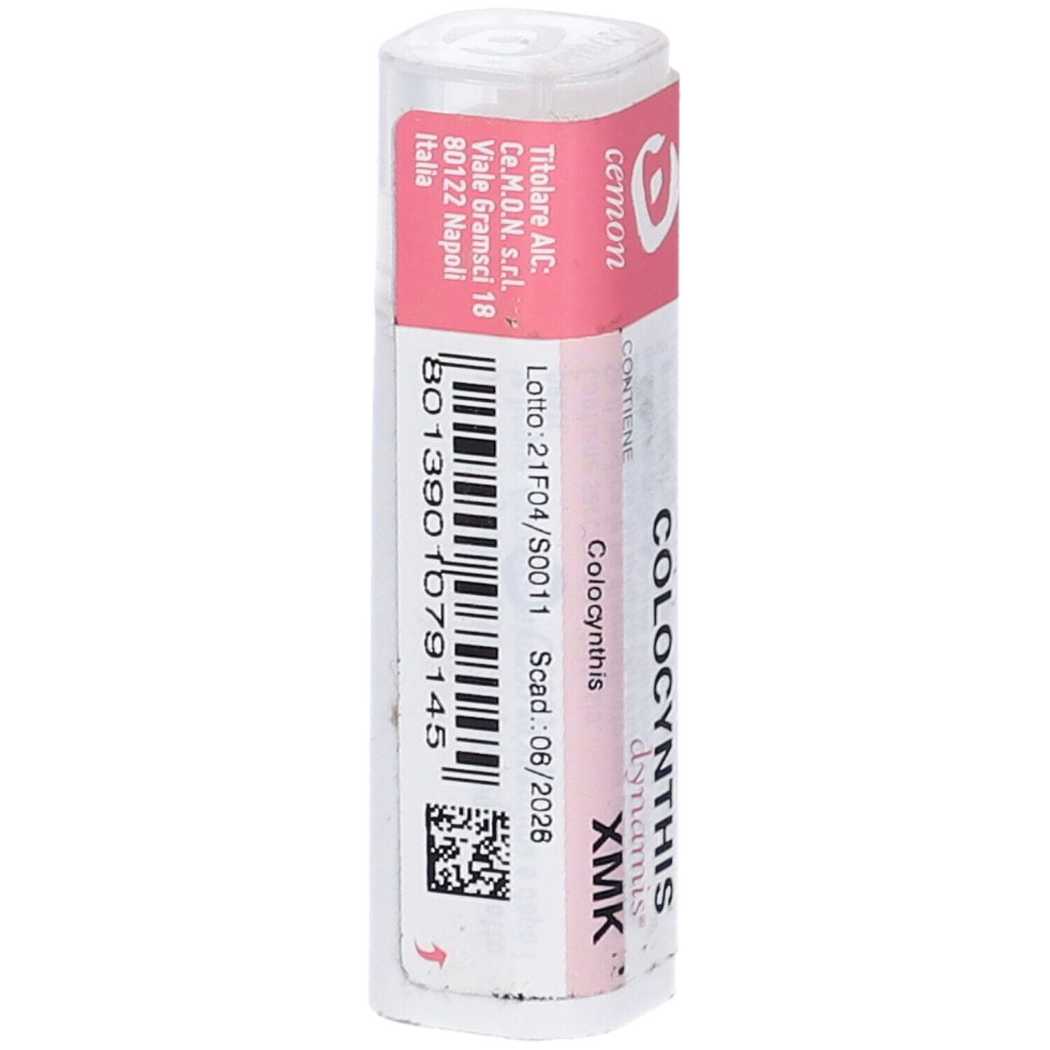 Confezione cilindrica con etichetta rosa. Scritte: COLOCYNTHIS dynamis XMK. Codice a barre e informazioni.