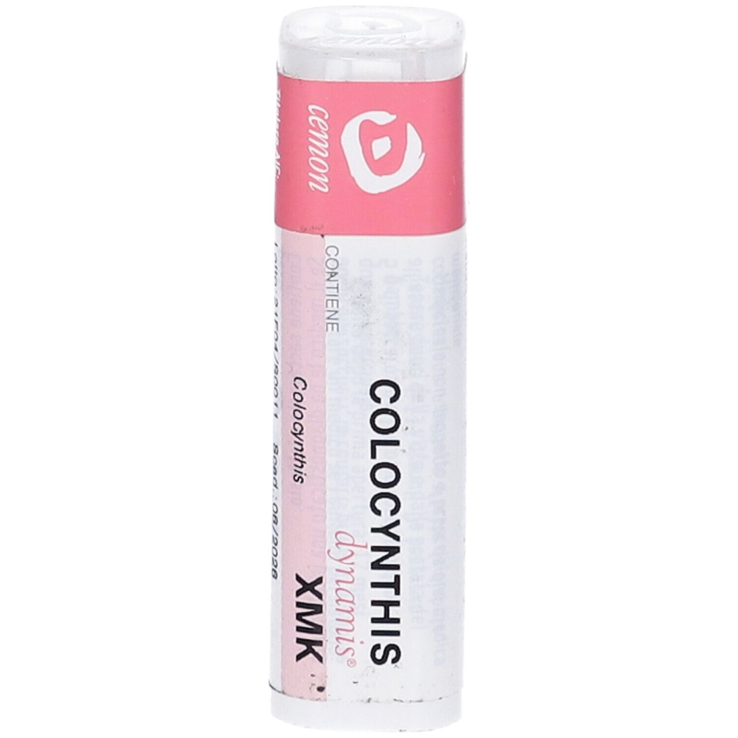 Confezione cilindrica con etichetta rosa. Scritte: cemon, COLOCYNTHIS dynamis XMK. Coperchio bianco.