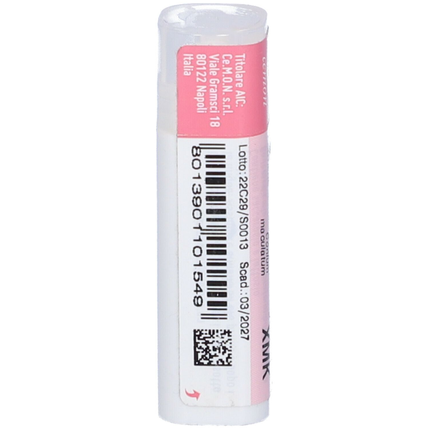 Confezione cilindrica con etichetta rosa e bianca. Scritta: Conium maculatum XMK. Codice a barre e informazioni.