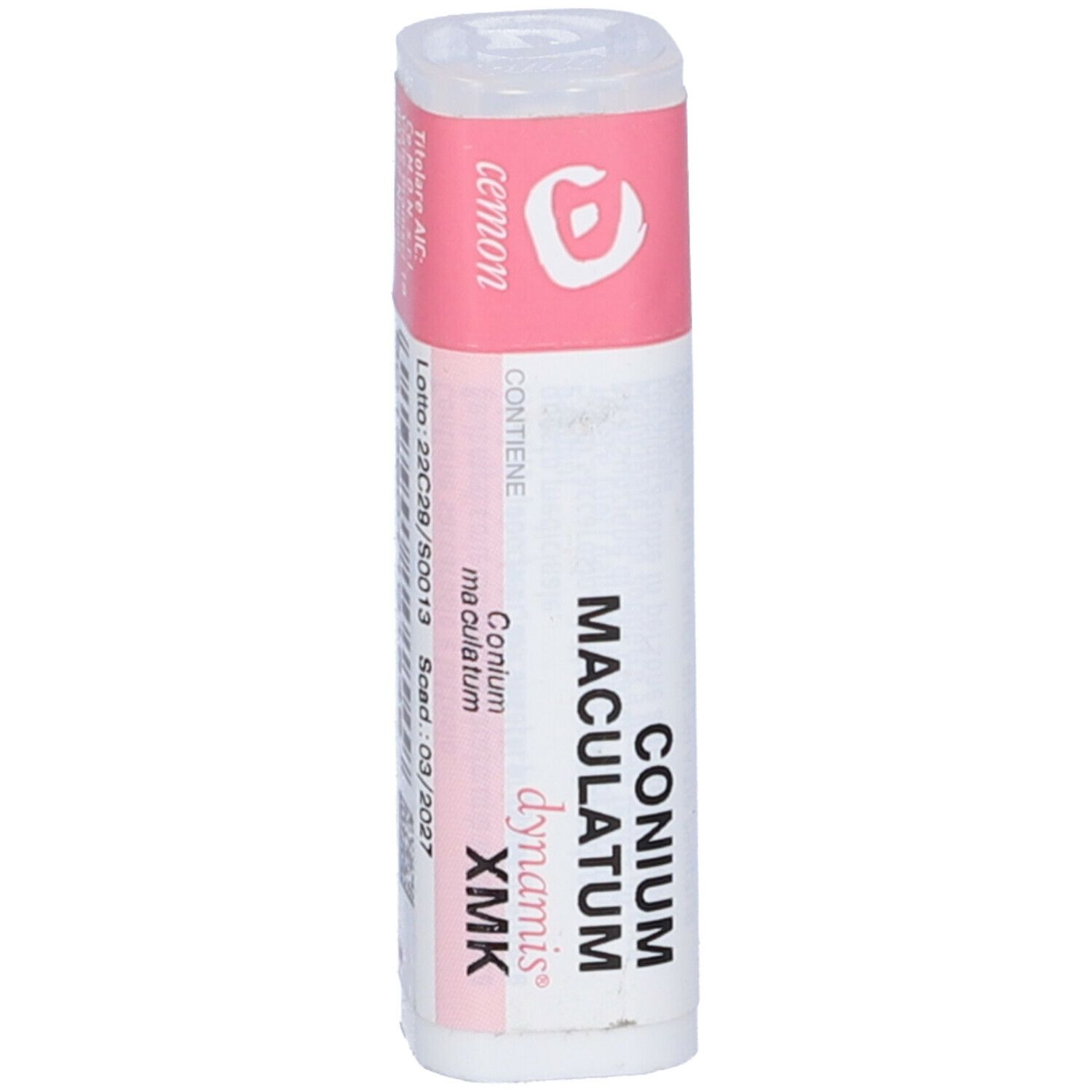 Confezione cilindrica con etichetta rosa e bianca. Scritta: Conium maculatum XMK dynamis.