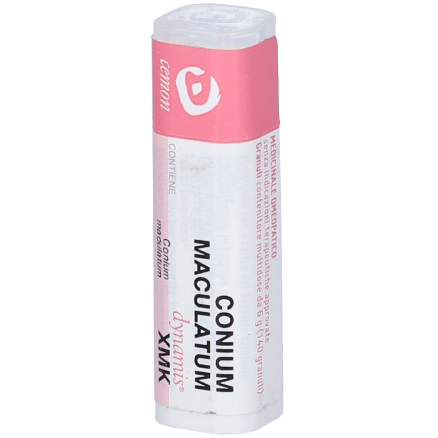 Confezione cilindrica con etichetta rosa e bianca. Scritta: Conium maculatum XMK. Medicinale.