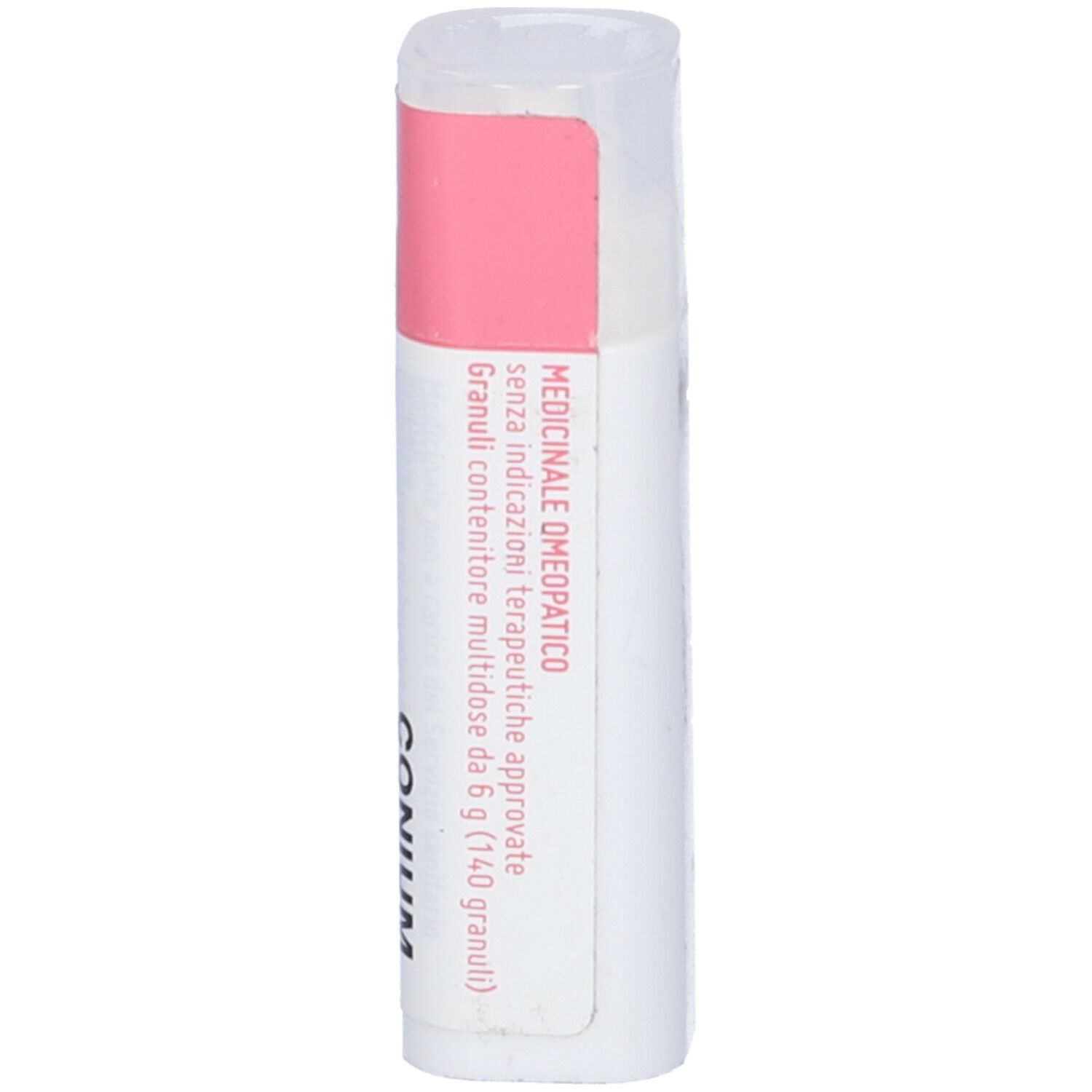 Confezione cilindrica con etichetta rosa e bianca. Scritta: Conium. Medicinale.