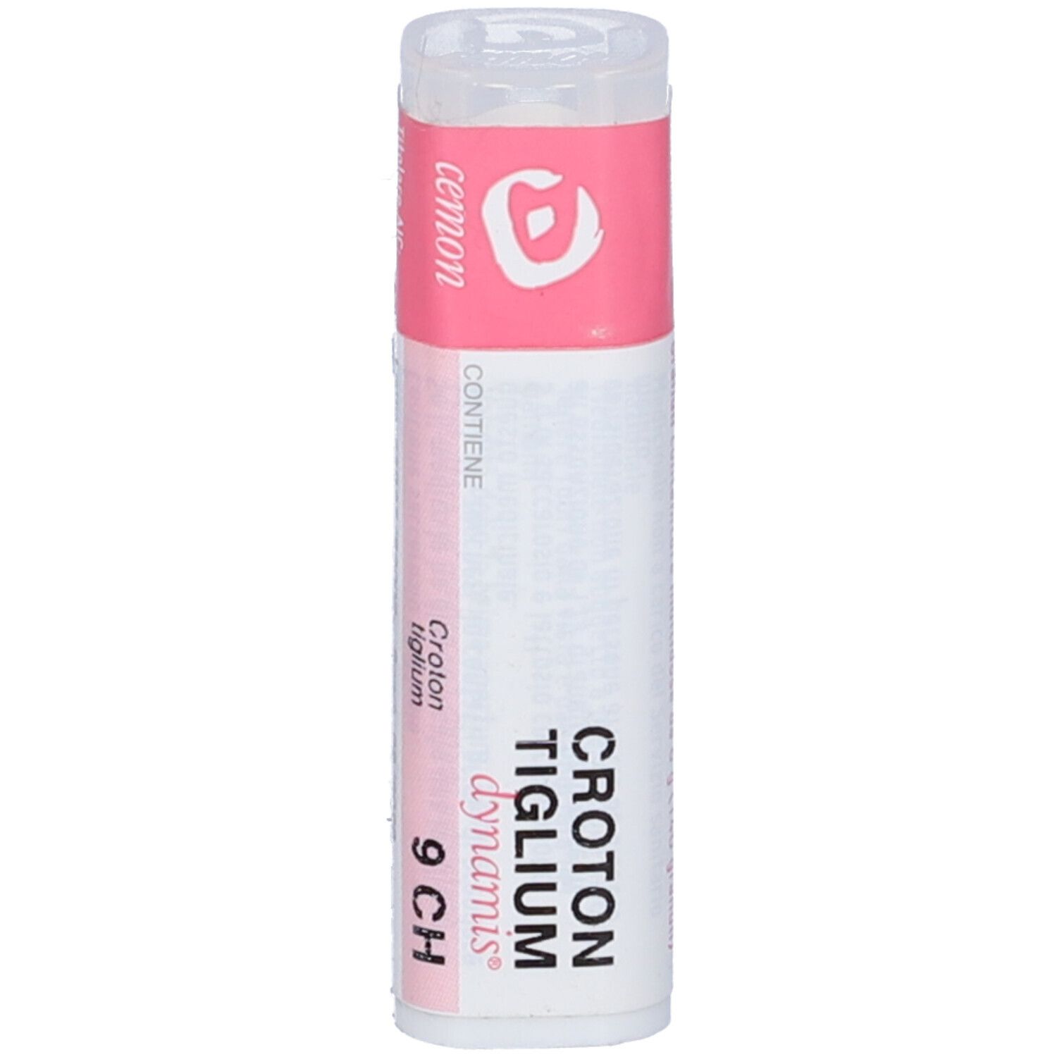 Confezione cilindrica. Etichetta rosa con testo: Croton Tiglium 9 CH. Coperchio trasparente.