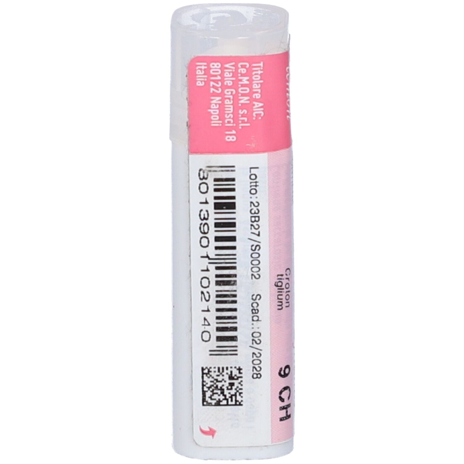 Confezione cilindrica. Etichetta rosa con testo: Croton Tiglium 9 CH. Codice a barre e altri testi.