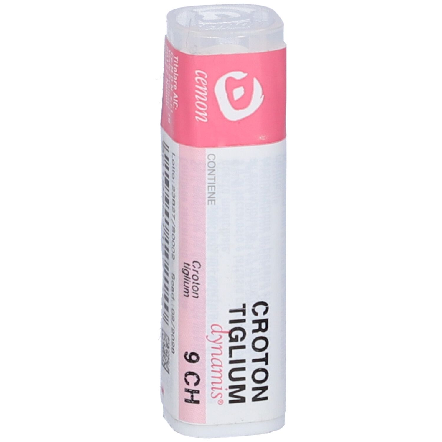 Confezione cilindrica. Etichetta rosa con testo: Croton Tiglium 9 CH. Coperchio trasparente.