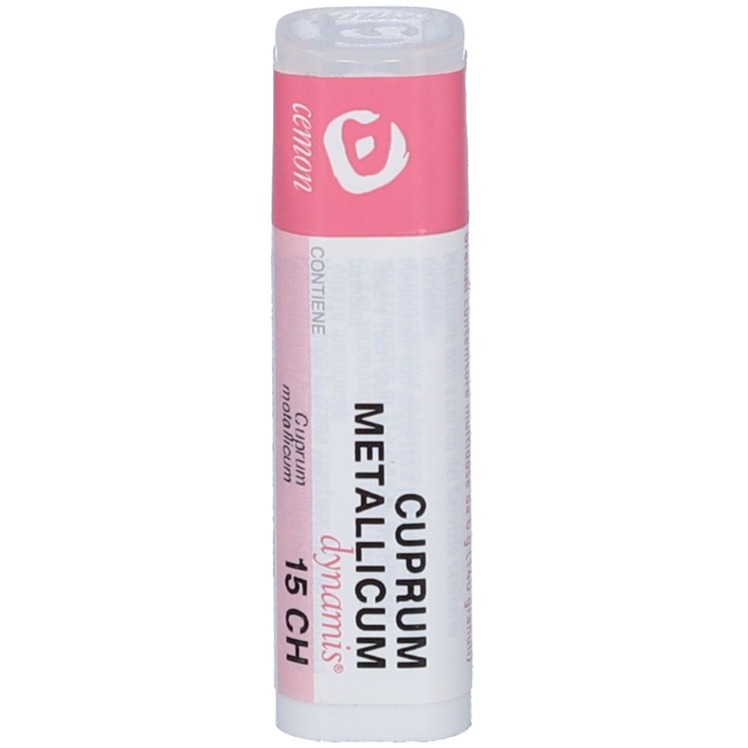 Confezione cilindrica con etichetta. "Cuprum Metallicum 15 CH" visibile.