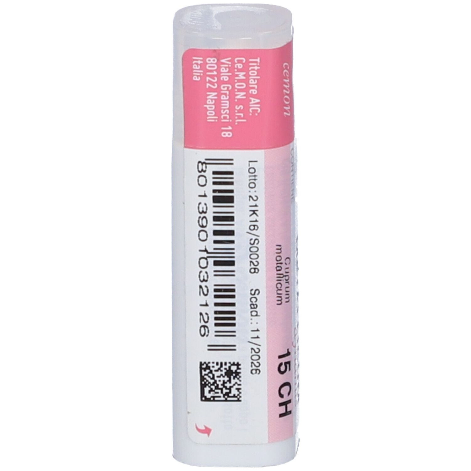 Confezione cilindrica con etichetta. "Cuprum Metallicum 15 CH" visibile.