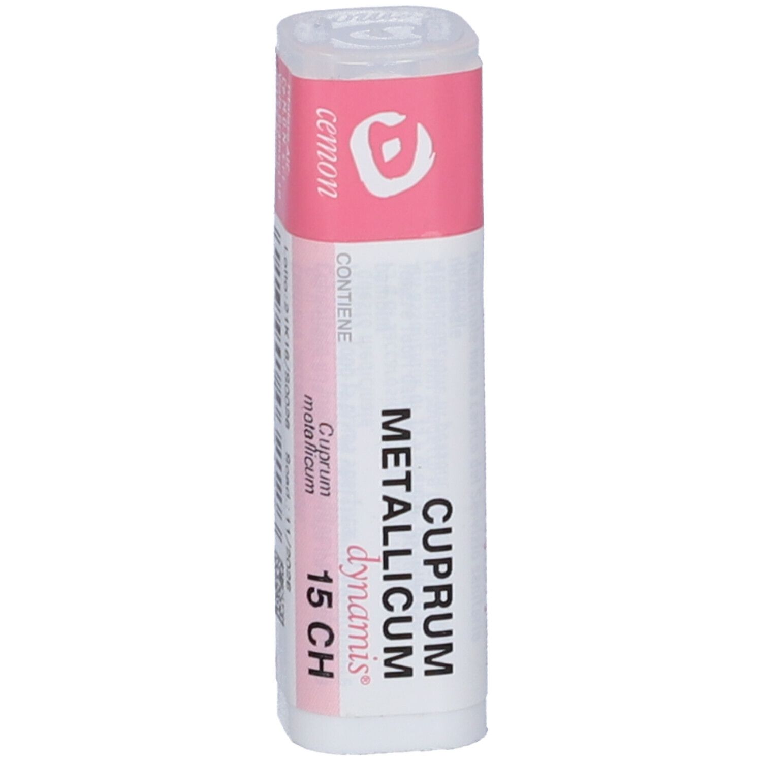 Confezione cilindrica con etichetta. "Cuprum Metallicum 15 CH" visibile.