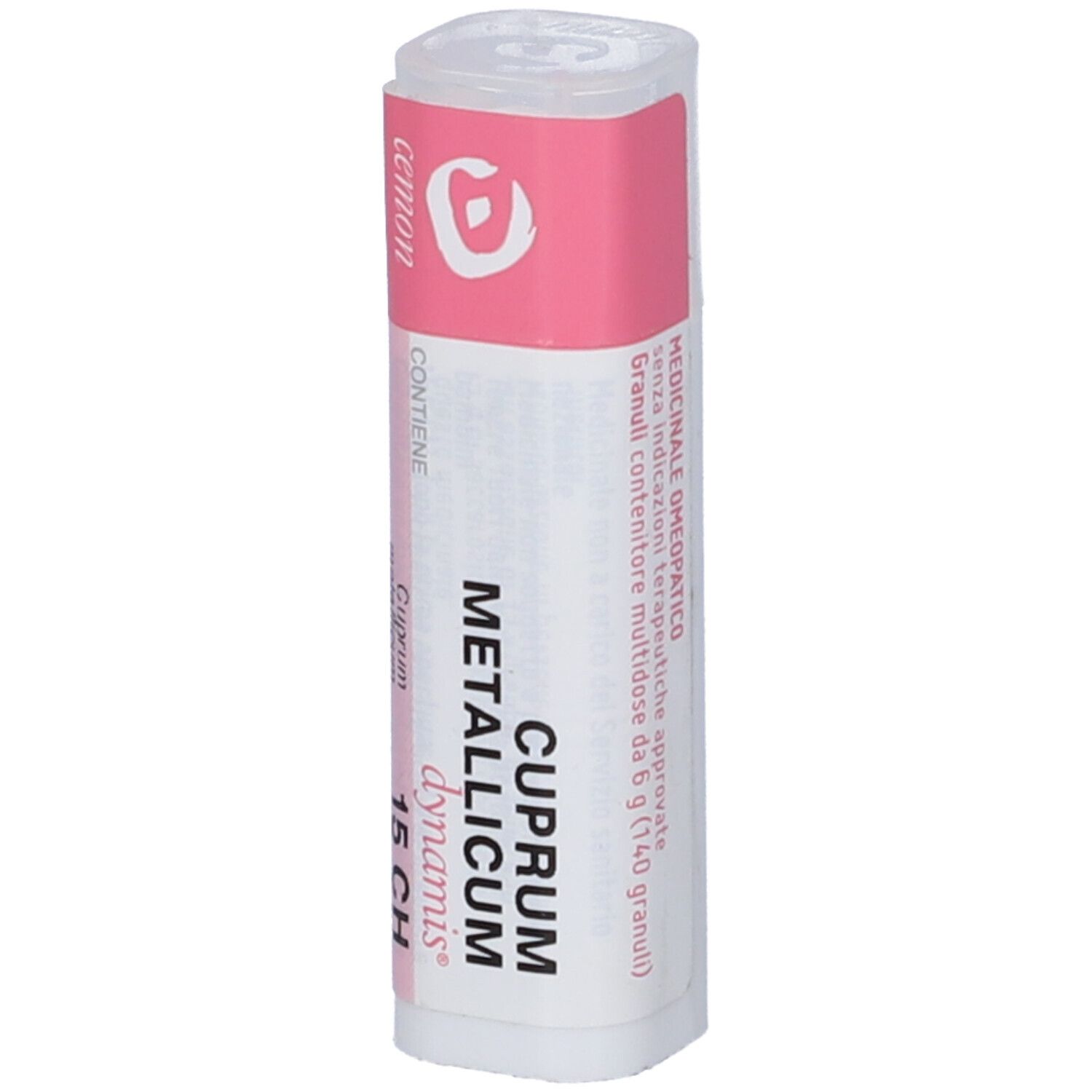 Confezione cilindrica con etichetta. "Cuprum Metallicum 15 CH" visibile.