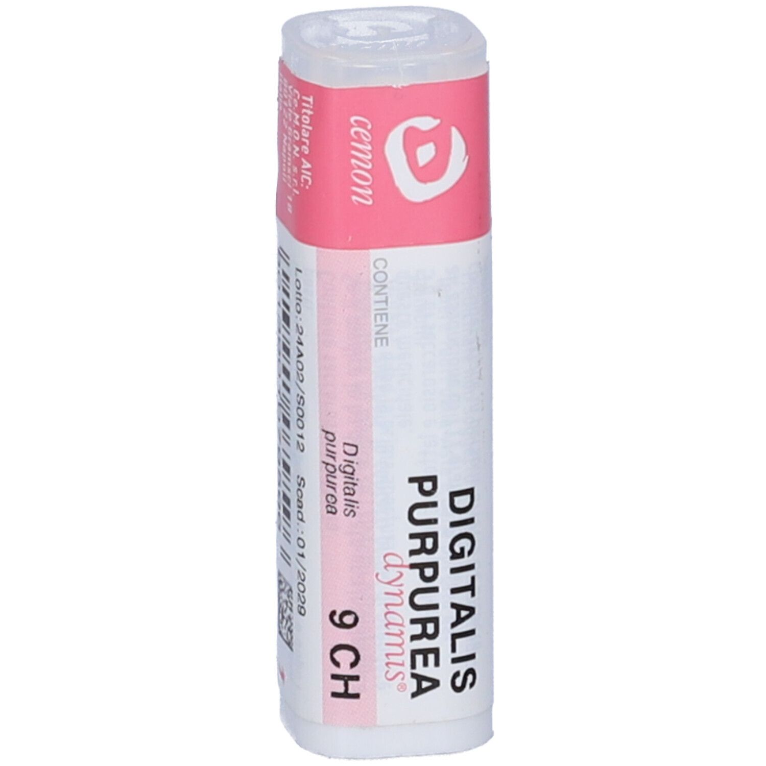 Confezione cilindrica con etichetta rosa e bianca. Scritta: Digitalis purpurea 9 CH, Cemon.