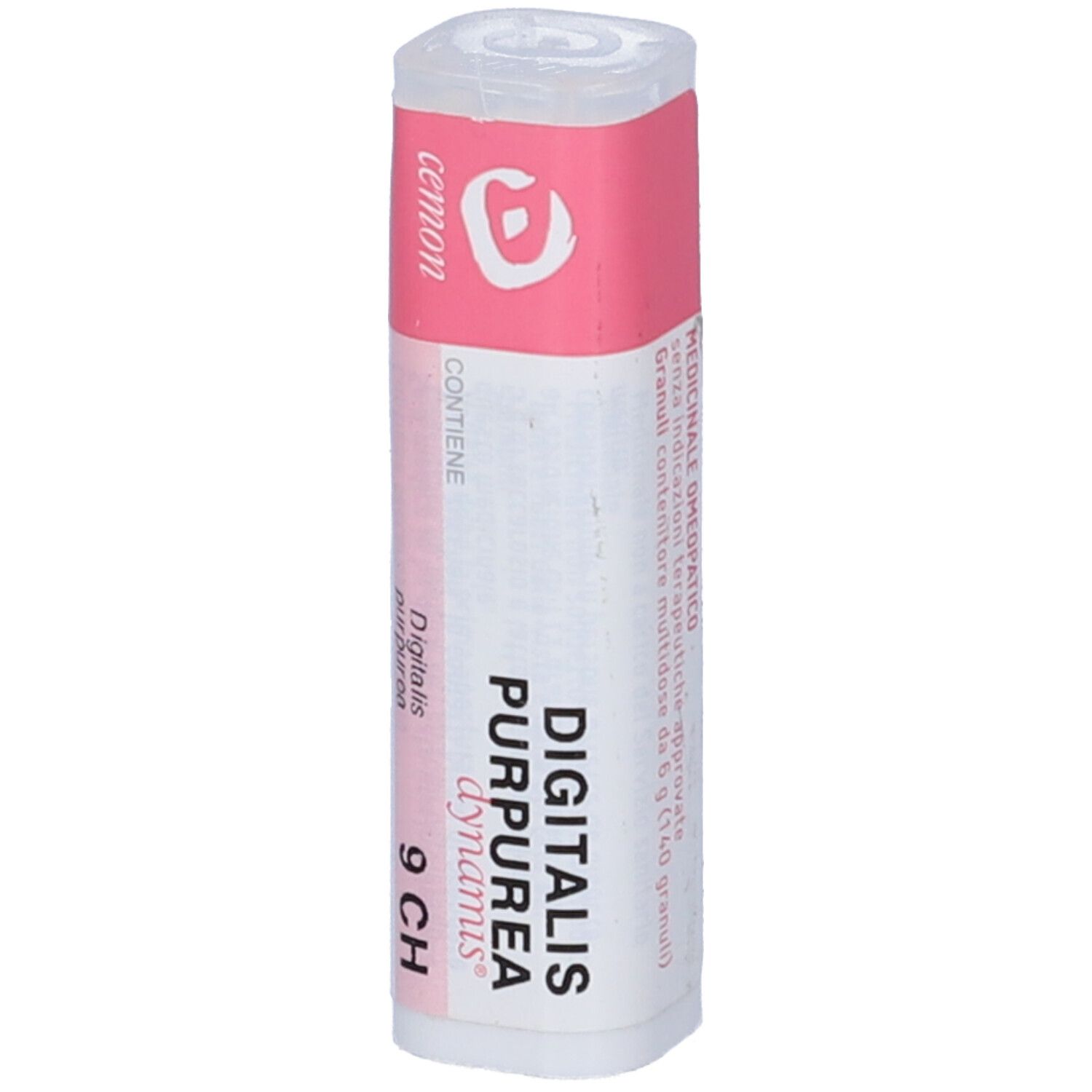 Confezione cilindrica con etichetta rosa e bianca. Scritta: Digitalis purpurea 9 CH, Cemon.