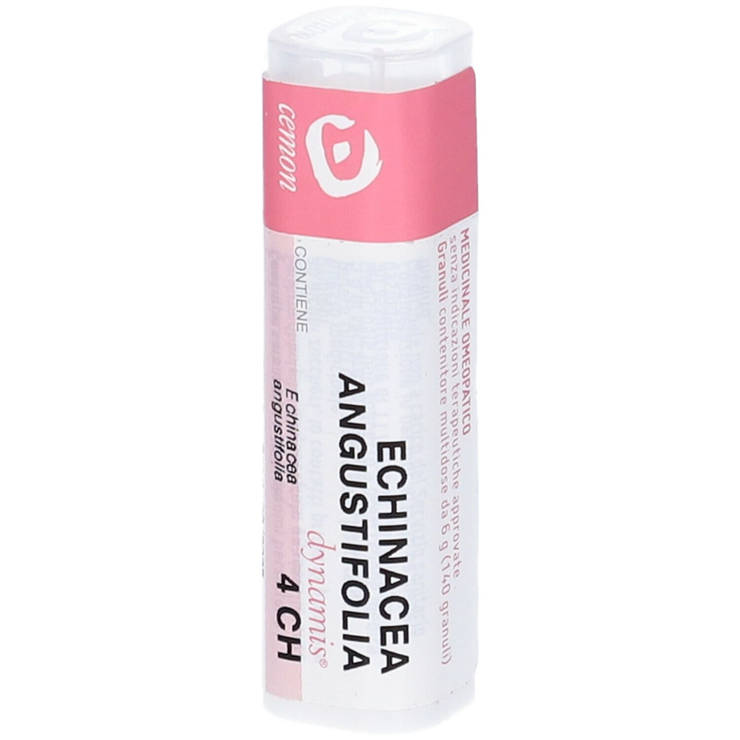 Confezione cilindrica bianca con etichetta rosa. Scritta: Echinacea Angustifolia 4 CH, cemon dynamis.