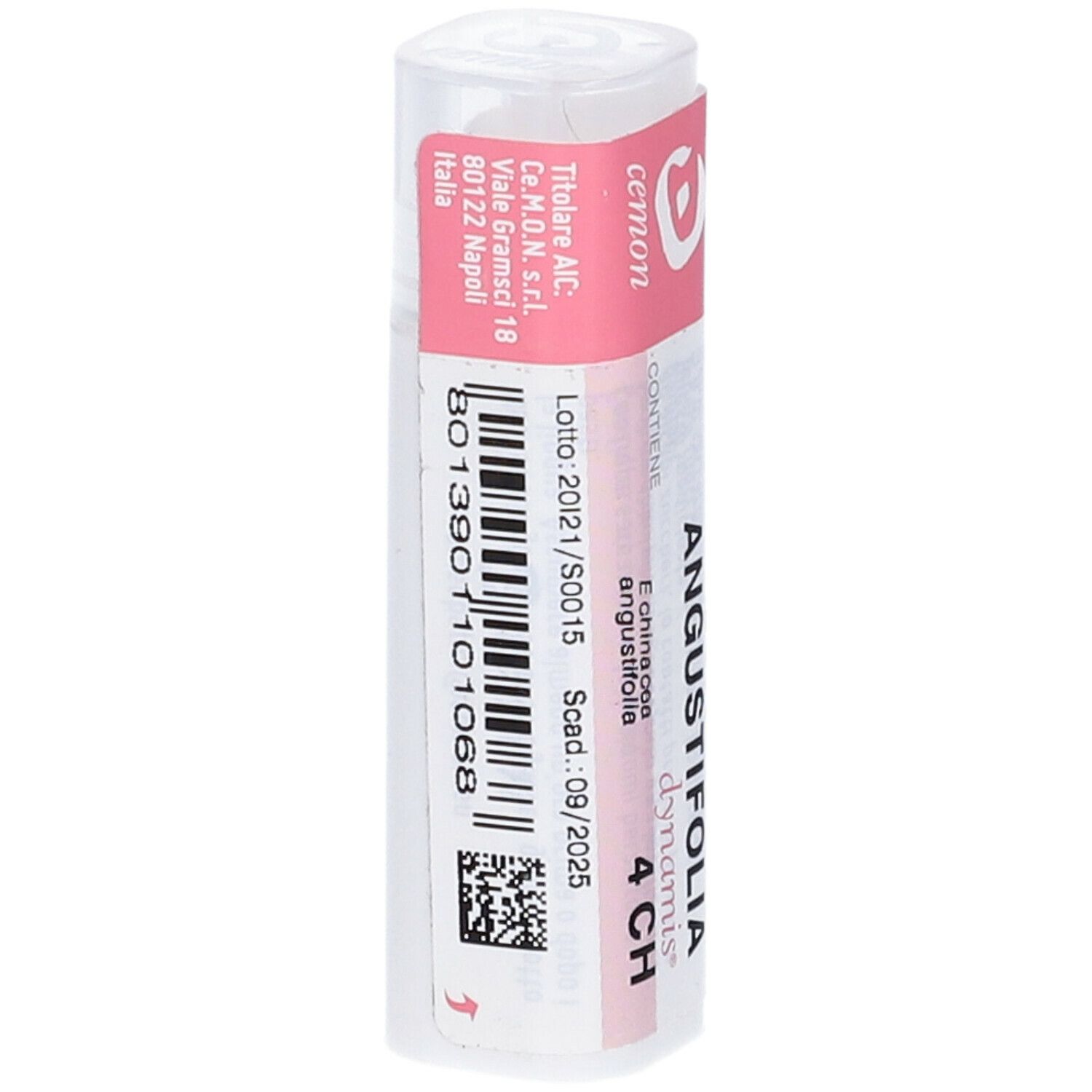 Confezione cilindrica bianca con etichetta rosa. Scritta: Echinacea Angustifolia 4 CH, cemon dynamis, numero di lotto.