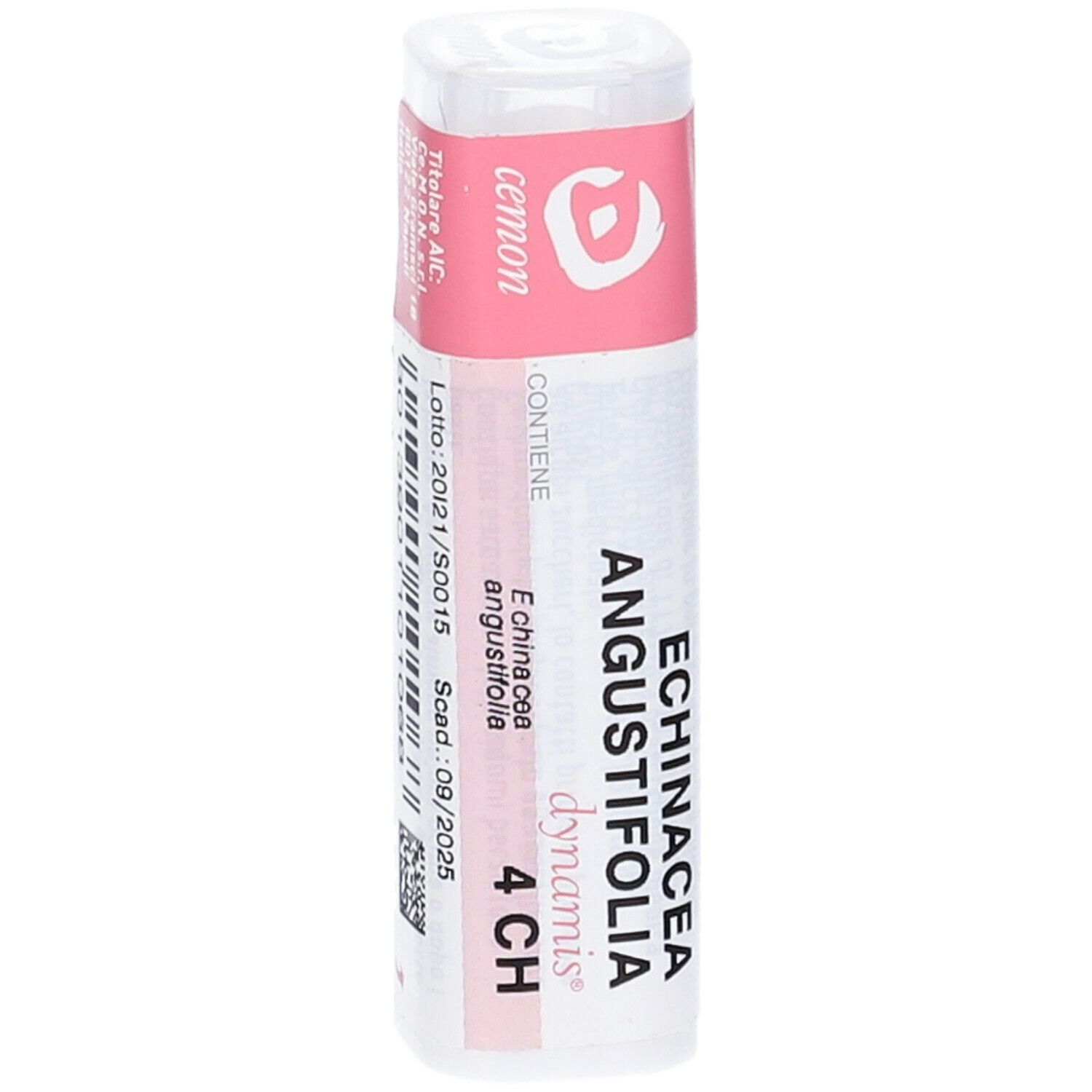 Confezione cilindrica bianca con etichetta rosa. Scritta: Echinacea Angustifolia 4 CH, cemon dynamis, numero di lotto.