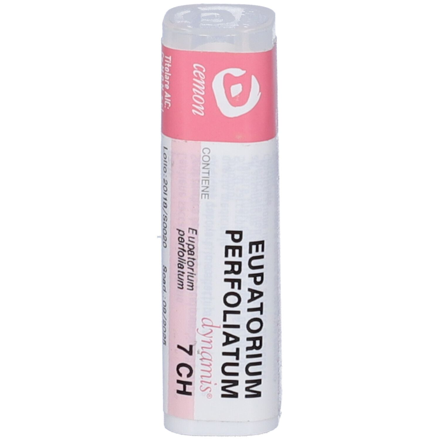 Flacone bianco con etichetta rosa. L'etichetta riporta "Eupatorium Perfoliatum 7 CH dynamis".