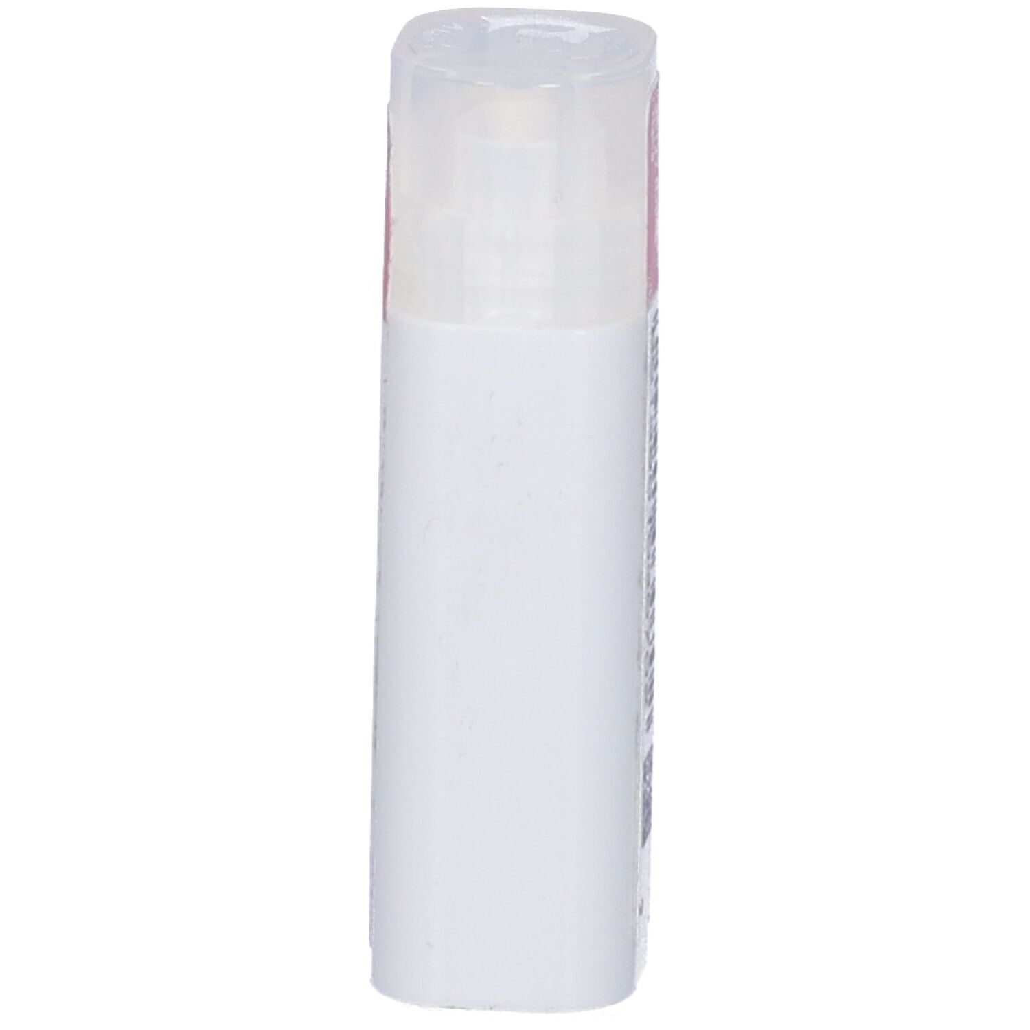 Flacone bianco con tappo trasparente. Scritta illeggibile.