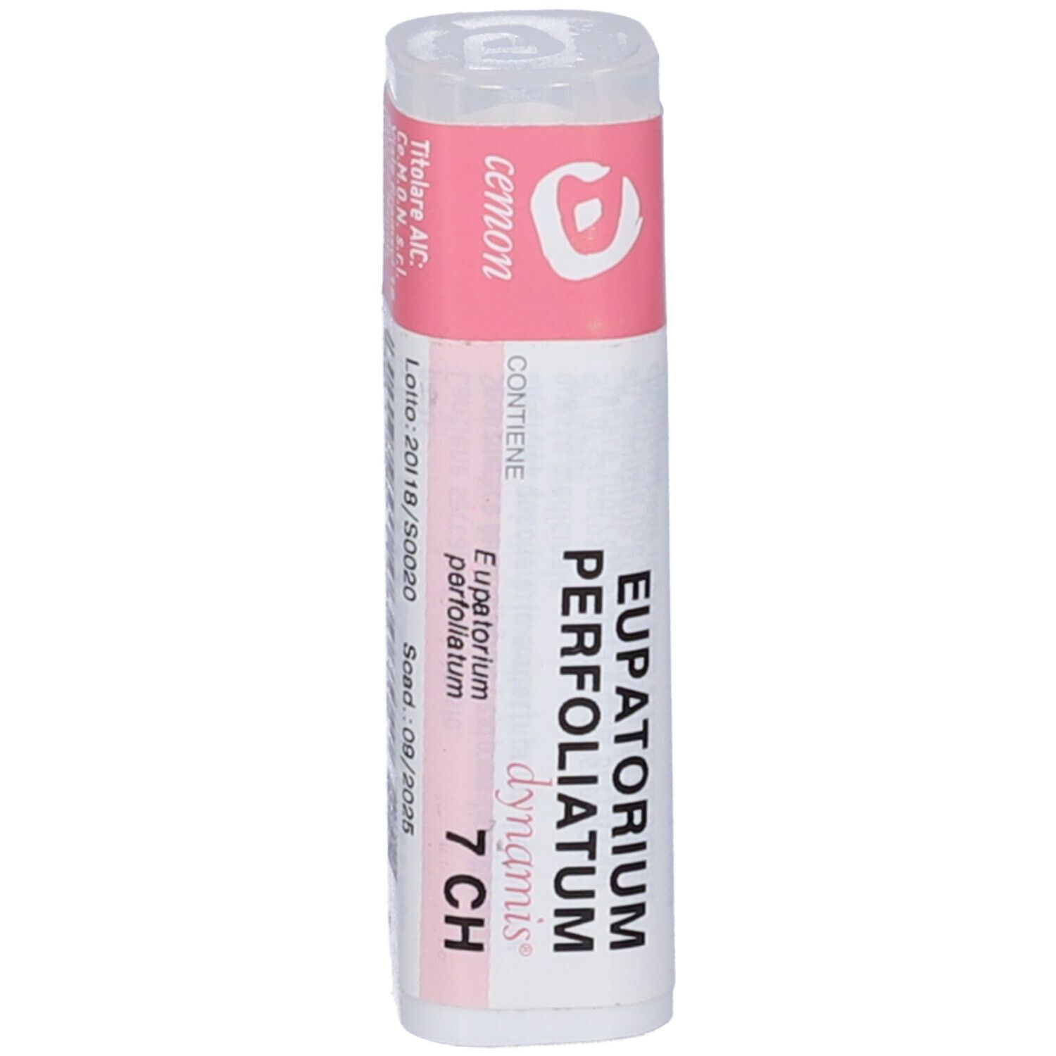 Flacone bianco con etichetta rosa. L'etichetta riporta "Eupatorium Perfoliatum 7 CH dynamis".