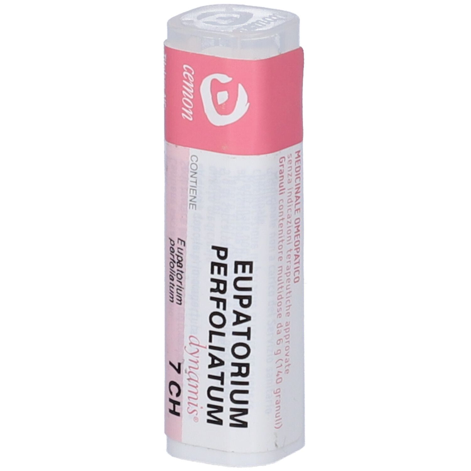 Flacone bianco con etichetta rosa. L'etichetta riporta "Eupatorium Perfoliatum 7 CH dynamis".