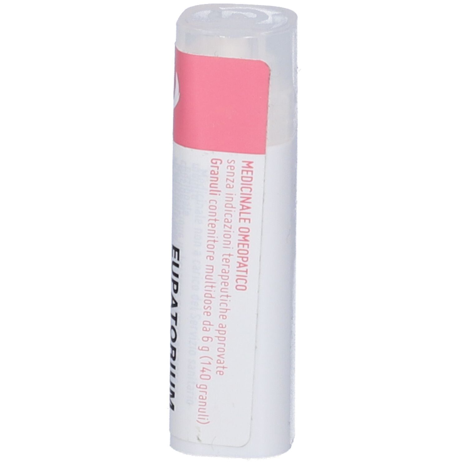 Flacone bianco con etichetta rosa. L'etichetta riporta "Eupatorium Perfoliatum 7 CH dynamis".