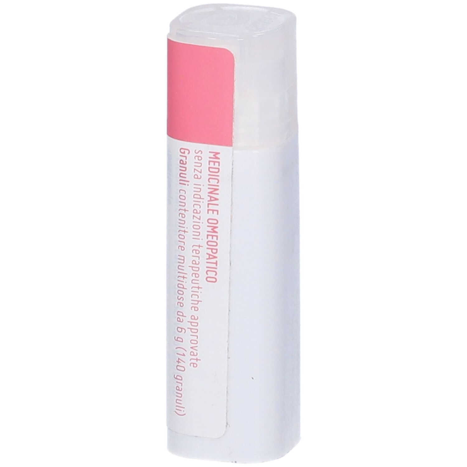 Confezione cilindrica con etichetta rosa. Scritte: Medicinale omeopatico, senza indicazioni.