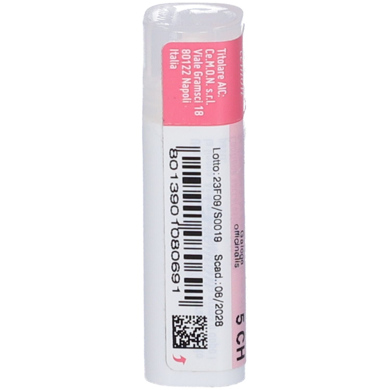 Flacone bianco con etichetta rosa. L'etichetta riporta: "GALAGA OFFICINALIS dynamis 5 CH".