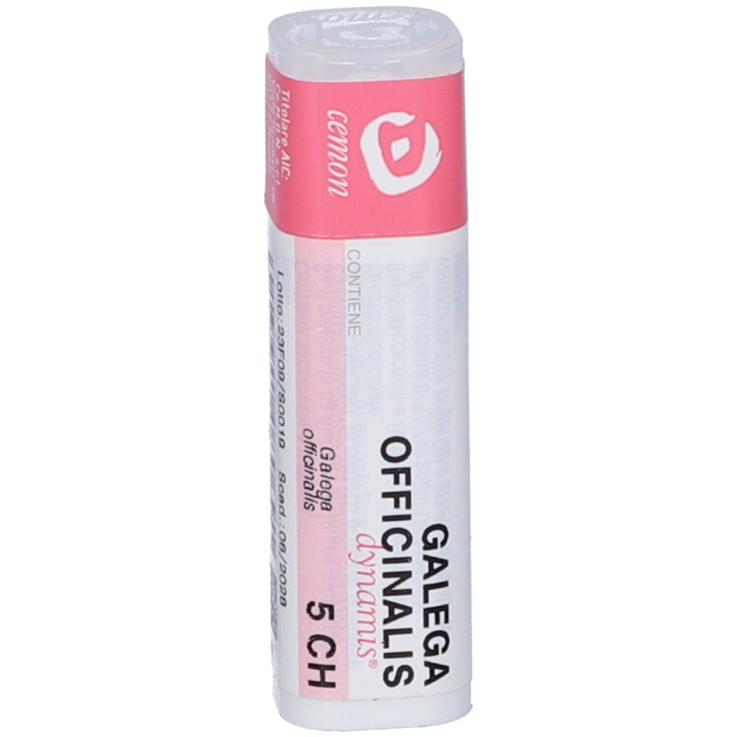 Flacone bianco con etichetta rosa. L'etichetta riporta: "GALAGA OFFICINALIS dynamis 5 CH".