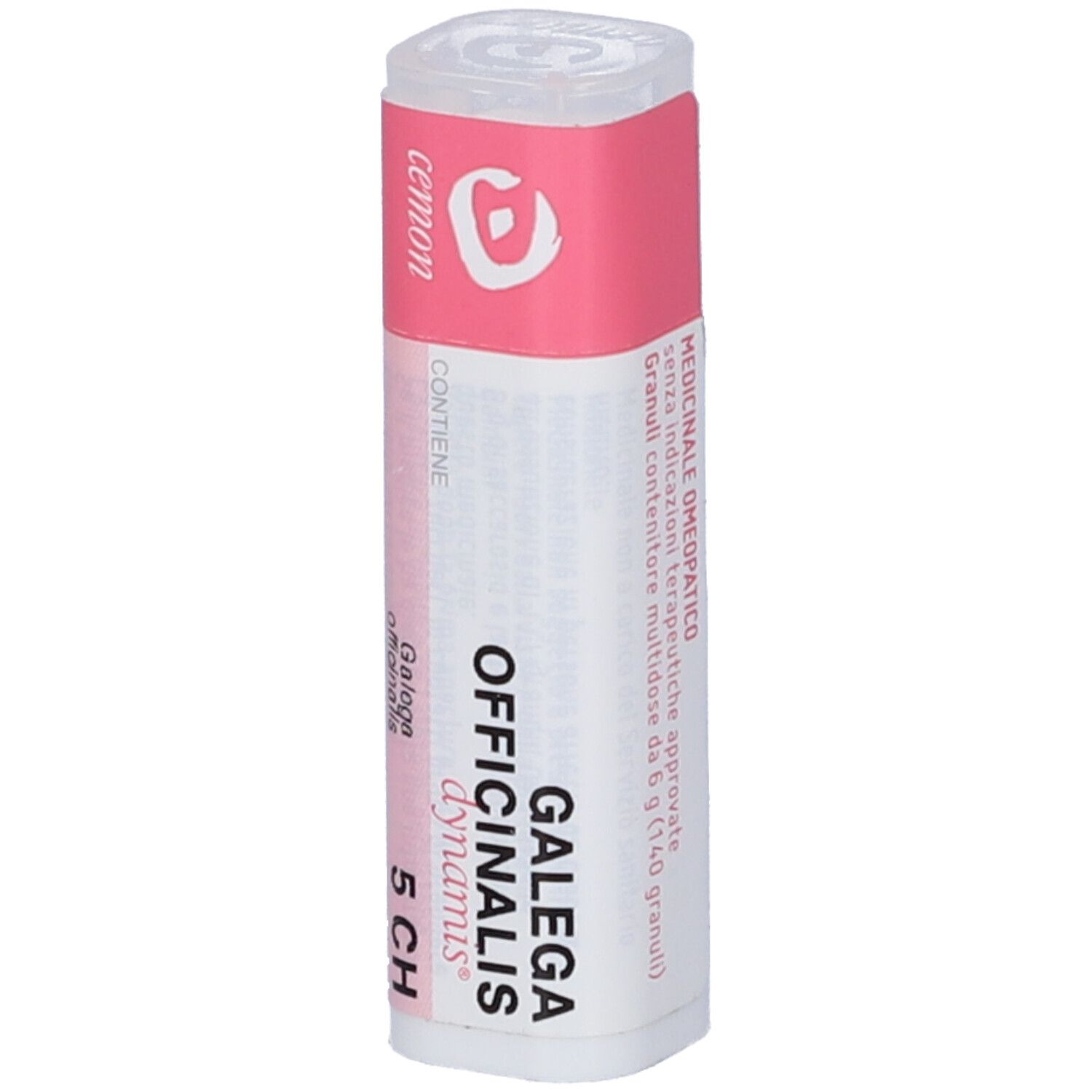 Flacone bianco con etichetta rosa. L'etichetta riporta: "GALAGA OFFICINALIS dynamis 5 CH".