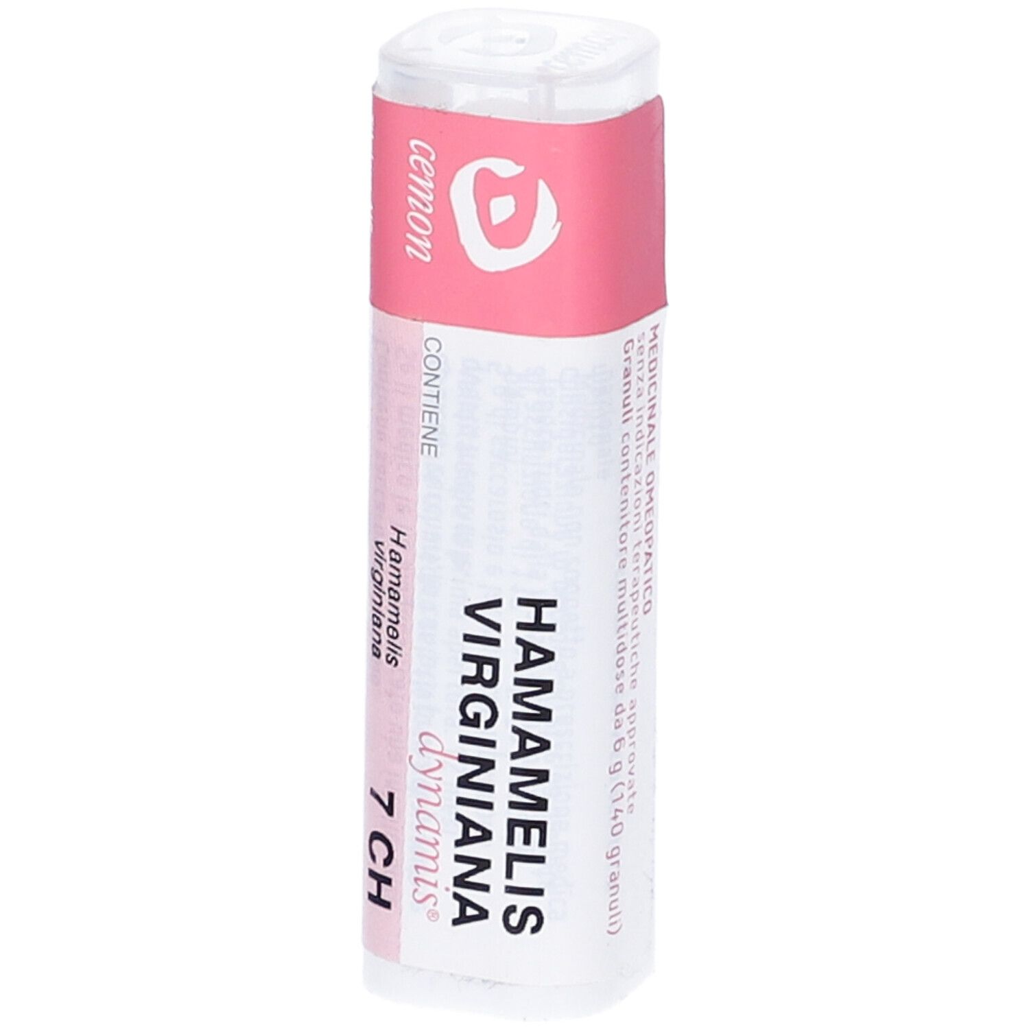 Confezione cilindrica con fascia rosa. Scritte: HAMAMELIS VIRGINIANA 7 CH, dynamis, cemon. Prodotto omeopatico.