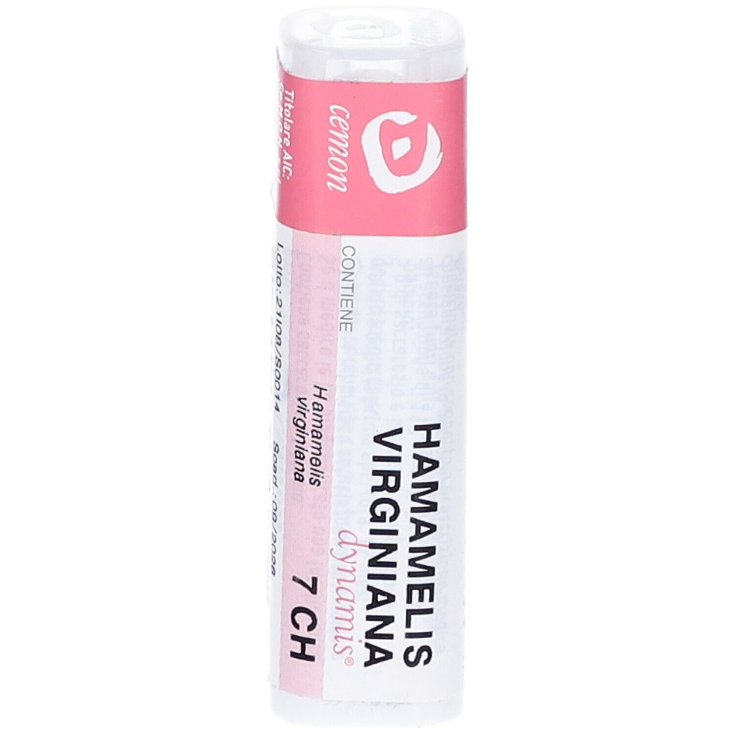 Confezione cilindrica con fascia rosa. Scritte: HAMAMELIS VIRGINIANA 7 CH, dynamis, cemon. Prodotto omeopatico.