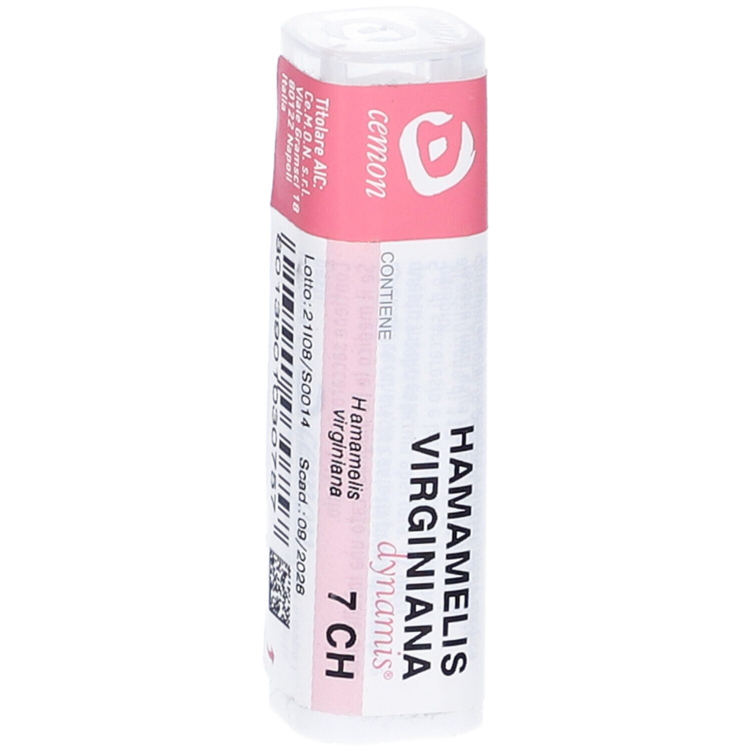Confezione cilindrica con fascia rosa. Scritte: HAMAMELIS VIRGINIANA 7 CH, dynamis, cemon. Codice a barre e numero di lotto.