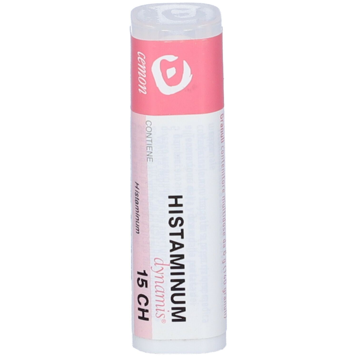 Confezione cilindrica. Etichetta rosa con testo bianco: Histaminum 15 CH, cemon dynamis. Contenitore bianco con coperchio trasparente.