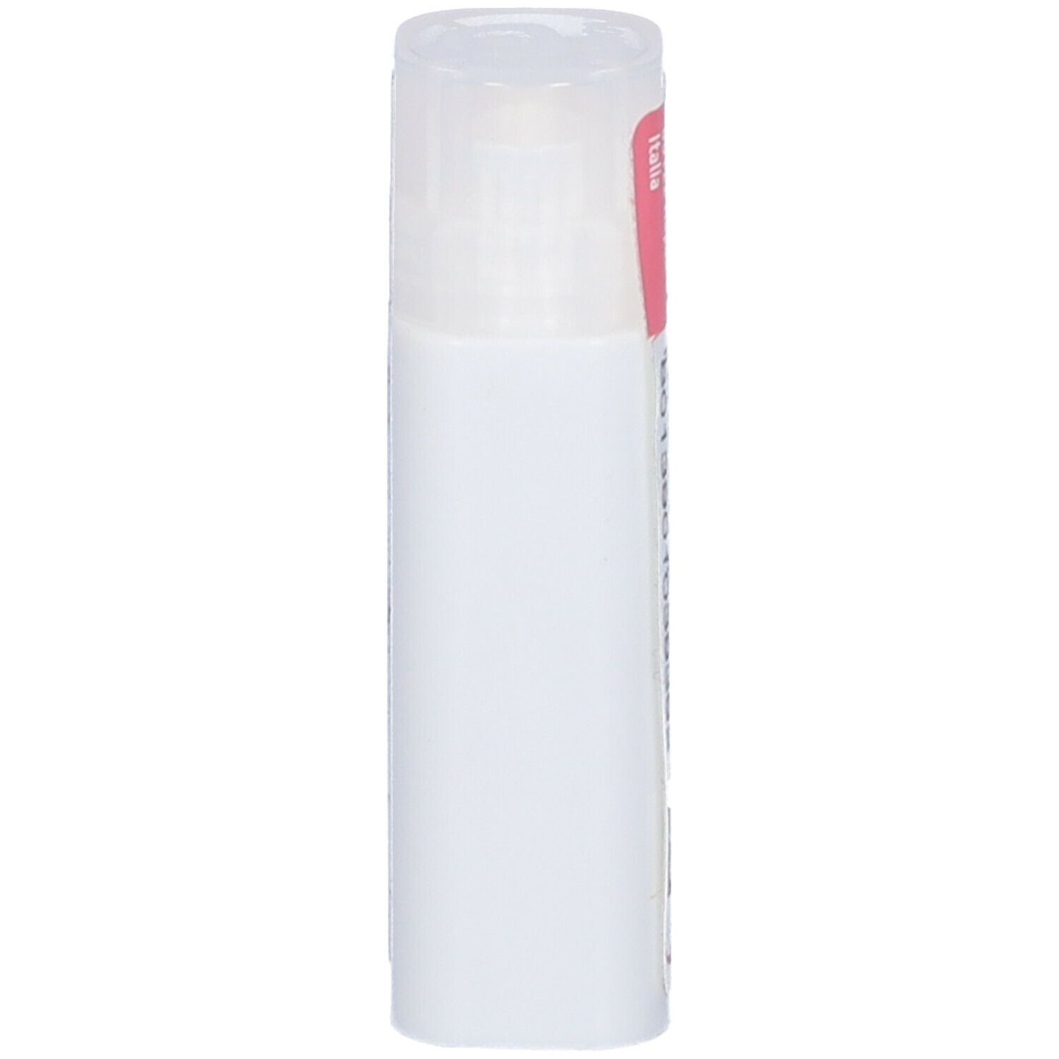 Contenitore cilindrico, bianco. Etichetta rosa con testo bianco. Coperchio trasparente. Nome del prodotto illeggibile.