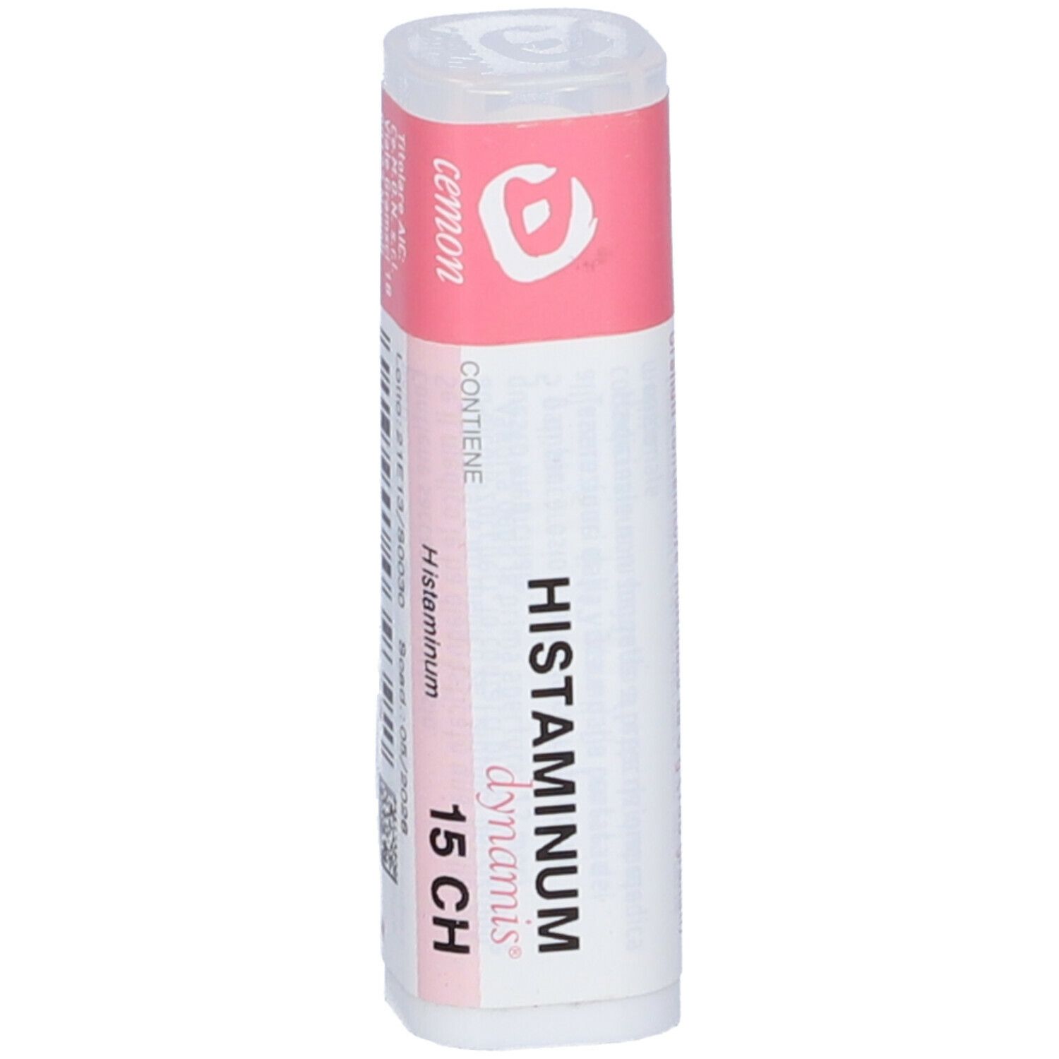 Confezione cilindrica. Etichetta rosa con testo bianco: Histaminum 15 CH, cemon dynamis. Contenitore bianco con coperchio trasparente.
