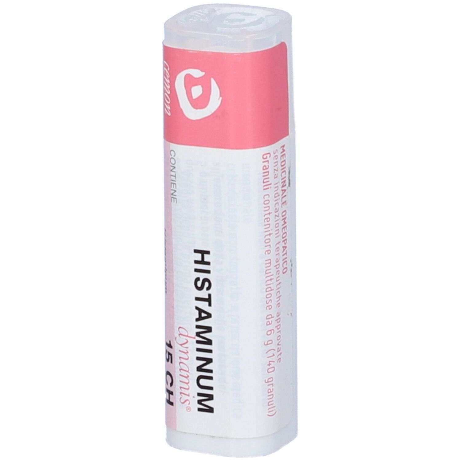 Confezione cilindrica. Etichetta rosa con testo bianco: Histaminum 15 CH, cemon dynamis. Contenitore bianco con coperchio trasparente.