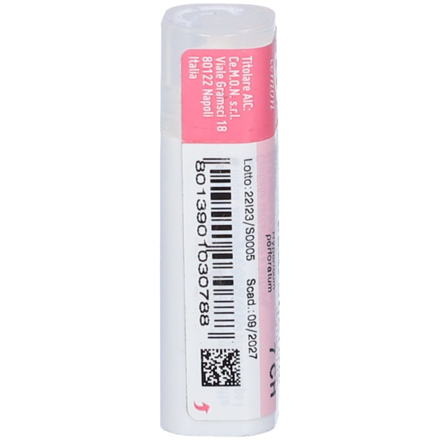 Vista laterale della confezione cilindrica. Etichetta con informazioni, codice a barre e data di scadenza. Indirizzo del produttore.